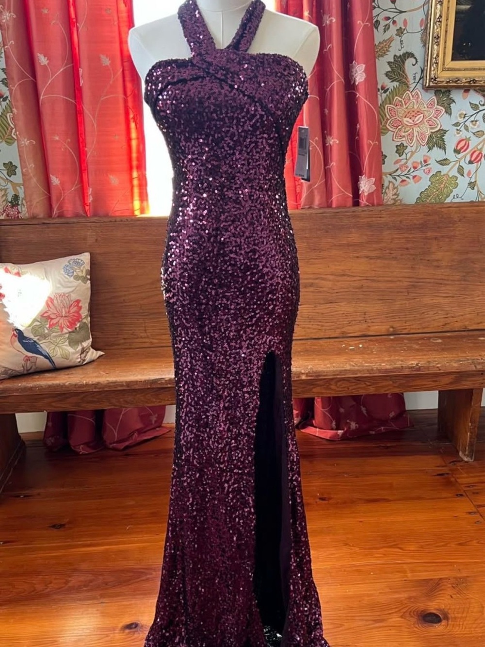 New with Tags Size 1/2 Halter Sequin Evening Gown Prom Dress in Deep Plum